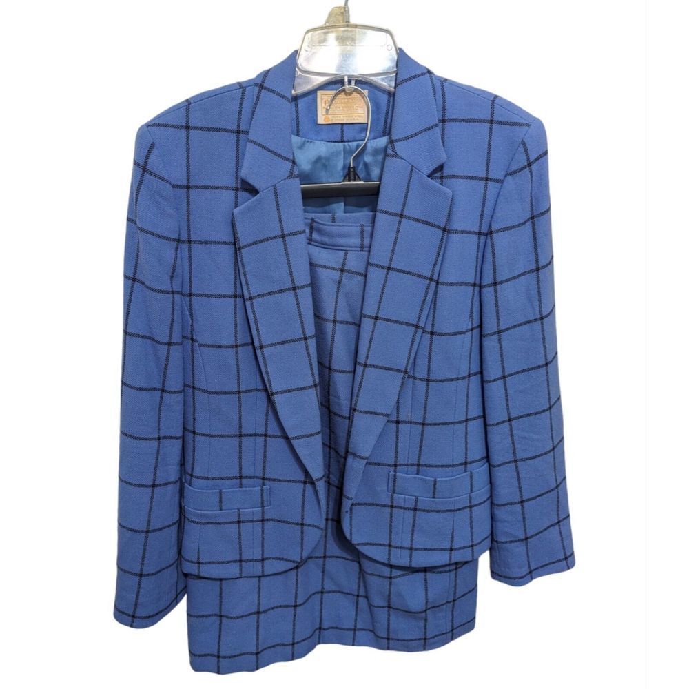 Pendleton Womens Jacket&Skirt 6/8 Blue Vintage Knit Windowpane Check Print